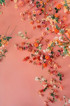 an overhead view of flowers on a pink background