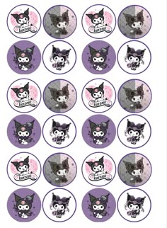 some stickers with cats on them in purple and pink colors, one has an image of