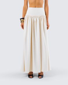 Elevate your look with this cream ruched maxi skirt 🤍 With a fitted waist and a voluminous skirt - this piece, made from poly suiting fabric, will add the perfect amount of dramatics to your look 😙 Elegant Ruffled Maxi Bottoms, Chic Full Maxi Skirt, Elegant Tiered Cream Maxi Skirt, Elegant Summer Maxi Skirt With Elastic Waistband, Elegant Tiered Maxi Skirt For Spring, Chic Relaxed Gathered Maxi Skirt, Chic Flowy Full Maxi Skirt, Elegant Cream Ruffled Maxi Skirt, Elegant Ruffled Maxi Skirt For Spring