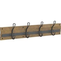 a wooden coat rack with three hooks on the side and two black straps hanging from it