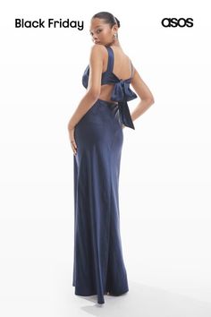 Dresses by Six Stories Bride approved V-neck Fixed straps Tie and zip-back fastenings Regular fit Blue Prom Dress Satin, Prom Dress Satin, Navy Blue Prom Dress, Navy Blue Prom, Holiday Party Attire, Blue Prom Dress, Jane Dress, Spring Floral Dress, Bow Back