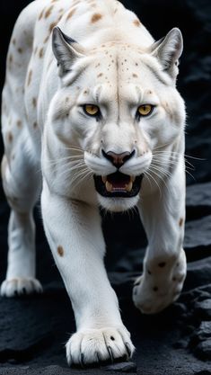 a white tiger walking across a black ground