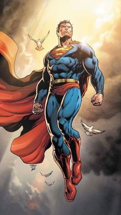 superman flying through the air with his cape open and birds in the sky behind him