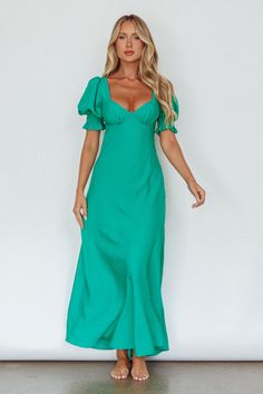 Shop the Brigita Tied Back Midi Dress Green | Selfie Leslie Green Tie Back Midi Dress For Vacation, Green Tie-back Midi Dress For Vacation, Tie-back Midi Dress With Puff Sleeves, Green V-neck Midi Dress For The Beach, Green V-neck Midi Dress With Ruffle Hem, Midi Dress Green, Selfie Leslie, Yellow Bridesmaids, Dinner Date