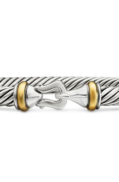 Sterling silver and 18-karat yellow gold. Cable, 5mm wide. Hook opening. Made in the USA or imported. Cable Jewelry, Jewelry Stack, Buckle Bracelet, David Yurman, Two Tone, Made In The Usa, 18k Gold, Cable, Nordstrom