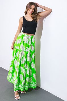 An exquisite woven maxi skirt, adorned with beautiful prints and a comfortable elasticized waistband.. Matching top IT12879Details:Self : 100% CottonSize & Fit- Model is 5`9" And Wearing Size Small- Measurements Taken From Size Small- Approx. Length: 41" Green Casual Maxi Skirt For Vacation, Casual Green Maxi Skirt For Vacation, Green Lined Maxi Skirt For Spring, Flowy Green Maxi Skirt For Summer, Summer Green Lined Maxi Skirt, Green Floral Print Skirt For Vacation, Green Tiered Maxi Skirt For Spring, Vacation Floral Print Green Skirt, Green Maxi Skirt For Summer