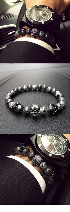 Mens Skull Bracelet With Natural Grey Stone Beads Skull Bracelet Men, Herren Style, Jewerly Making, Gq Style, Bracelet Pandora, Wrist Wear