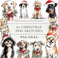 six christmas dog sketches in different styles and colors with the title, transparent background 6 christmas dog sketches png files