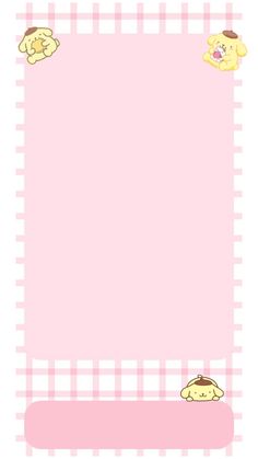 a pink and white checkered background with some cartoon animals on the bottom right corner