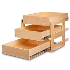 two wooden drawers are stacked on top of each other, with one drawer open and the other closed