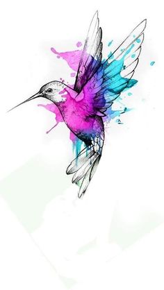 a colorful bird flying through the air with watercolor splatters on it's wings