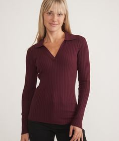 Deserae Knit Polo Chic V-neck Polo Sweater For Fall, V-neck Polo Sweater For Work, Fitted V-neck Sweater With Ribbed Cuffs For Fall, Fitted V-neck Polo Sweater For Work, Fitted V-neck Sweater With Seamless Collar, V-neck Polo Sweater For Fall Workwear, Fall Workwear V-neck Polo Sweater, Fall V-neck Polo Sweater For Work, Chic V-neck Polo Sweater For Work