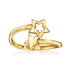 Ross-Simons - 14kt Yellow Gold Bypass Star Ring Size 9. Like a shooting star your can wear, our 14kt yellow gold bypass ring presents two celestial symbols in a dreamy design. 3/8" wide. 14kt yellow gold bypass star ring. Celestial Symbols, Dreamy Design, Bypass Ring, Boot Jewelry, Toddler Boy Shoes, Rings Jewelry Fashion, Ring Pictures, Star Jewelry, Shooting Star