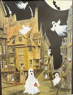 a painting of two ghost in front of a town