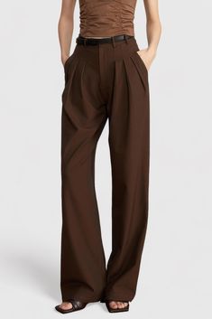 These tasteful pleated trousers feature a casual-wide leg, high waist and hidden closure, these trousers offer chic style with ease. Belt loops complete the look, giving you the perfect balance of comfort and fashion.Fabric: Cotton, Polyester Pants Wide Leg Brown, Luxury Pleated Bottoms For Winter, Affordable Brown Bottoms For Workwear, Cheap Brown Bottoms For Workwear, Cheap Brown Straight Leg Work Pants, Luxury Pleated Waist Trousers, Luxury Pleated Full-length Bottoms, Affordable Brown Trousers, Luxury Box Pleat Bottoms For Workwear