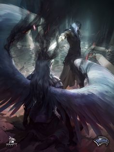 an image of two people with wings on their backs in the dark forest, one holding onto another person's arm