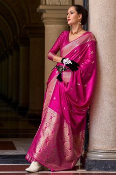 Experience the luxurious elegance of our pure Satin crepe Silk Saree, a masterpiece crafted with precision and care. This saree combines the soft, lustrous finish of satin with the rich heritage of handloom weaving, resulting in a drape that exudes sophistication and timeless beauty. Perfect for special occasions, its graceful fall and subtle sheen make it a standout piece in any wardrobe. --------------------------------- S A R E E ● D E T A I L S --------------------------------- ● Fall and Edging : Done ● Tassel : Done ● Petticoat : On request Extra Charges ● Drapping Saree (Ready to wear) : On Request Extra Charges ● Blouse : Matching Unstitched Piece (See in option) ● Occasion : Wedding, Party, Festive, Function ● Type: Bollywood ● Includes : 1 Saree, 1 Blouse Piece ● Saree length : 5 Elegant Paithani Silk Pre-draped Saree For Designer Wear, Elegant Slub Silk Saree For Navratri, Elegant Slub Silk Traditional Wear For Puja, Elegant Slub Silk Saree With Traditional Drape, Elegant Unstitched Slub Silk Saree, Embroidered Paithani Silk Saree, Elegant Semi-stitched Saree For Puja, Elegant Pink Paithani Silk Blouse Piece, Unstitched Blouse For Diwali Traditional Wear