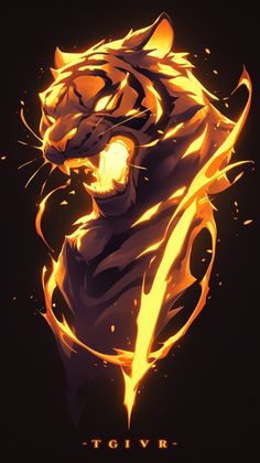 a tiger with orange and yellow flames on it's face, against a black background