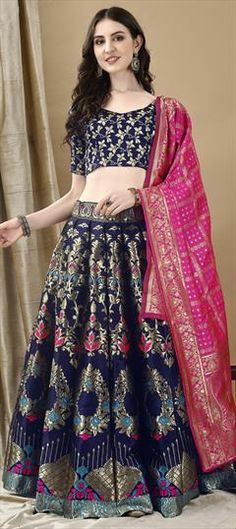 Blue color Lehenga in Jacquard fabric with Weaving, Zari work Blue Brocade Sets For Reception, Eid Blue Brocade Lehenga, Blue Brocade Lehenga For Eid, Blue Bollywood Brocade Sets, Blue Brocade Bollywood Sets, Navratri Blue Brocade Lehenga, Blue Brocade Lehenga For Navratri, Blue Brocade Sets For Navratri, Blue Brocade Lehenga For Festive Occasions