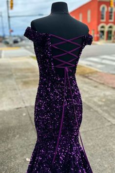 Vestido largo de la sirena de lentejuelas púrpura fuera del hombro Dark Purple Prom Dress Long, Purple Lace Prom Dress, Dark Purple Prom Dress, Purple Prom Dress Long, Lavender Prom Dress Long, Mermaid Long Dress, Off The Shoulder Prom Dress, Prom Dress Simple, Dress Long Formal