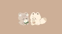 two bears sitting next to each other with flowers in their paws on a brown background