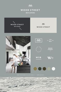 the wood street logo is shown in black, white and grey colors with an image of a