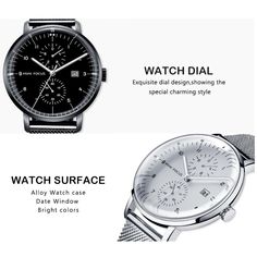 Description Mirror: high hardness and wear-resistant glass mirrorMovement: Quartz MovementClasp type: solid steel buckleWaterproof: 35m life waterproofDial diameter: 42mmDial thickness: 12.3mmStrap width: 20mmStrap length: 243mmWeight: 53g Free Return & Exchange FREE RETURNS on all US orders! The following conditions must be met: 1. Items must be returned within 45 days after the purchase date. 2. Items must be unworn. undamaged and in original packaging. Simple Man, Mens Watches Black, Mens Fashion Watches, Fashion Watch, Big Promotion, Watch Sale, Watch Case, Men's Watch, Silver Watch