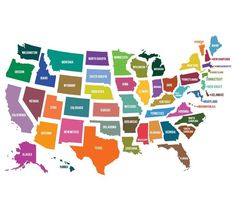 the united states is shown in colorful colors on a white background, with words that spell out