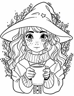 a girl in a witches hat holding a cup