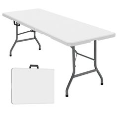 a white rectangular table with black legs and a bag next to it on a white background