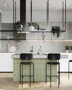 an image of a kitchen setting with bar stools and plants on the counter top