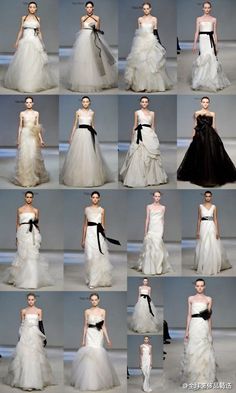 many different dresses on the runway in various styles and colors, all with black sashs