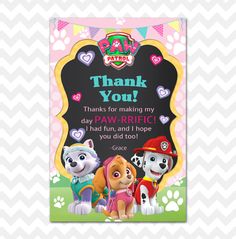 paw patrol thank you card with two puppies