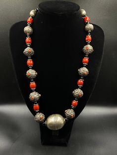 Amazing Ethnic Necklace Bamboo Coral Beaded Necklace With Large Moroccan Silver Bead and Beautiful Handmade Tibetan Silver Beads With Coral Necklace Weight : 118.8 grams Festival Necklaces With Large Round Beads, Festival Jewelry With Large Oval Beads, Traditional Round Necklace With Large Beads, Traditional Necklace With Large Oval Beads, Necklaces With Large Oval Beads For Festivals, Festival Necklaces With Large Oval Beads, Artisan Beaded Necklaces For Festivals, Bohemian Beaded Necklaces With Silver Beads, Unique Ceremonial Necklaces With Large Beads