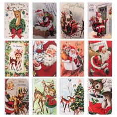 twelve christmas cards with santa claus and reindeers in various poses, all decorated with holiday decorations