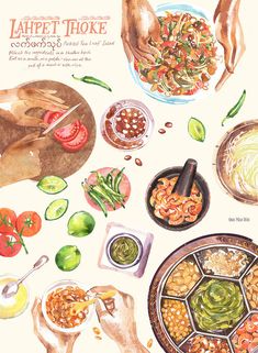 an illustration of food is shown on the cover of a magazine, with hands reaching for it