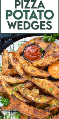 pizza potato wedges on a plate with ketchup and parsley garnish