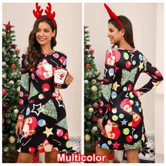 New Fashion Casual Christmas Dress Women Long Sleeve Swing Printed Santa Snowflake Colourful Xmas Dress Where To Buy Dresses, Casual Christmas Dresses, Xmas Dress, Christmas Dress Women, Polyester Dress, Black White Red, Christmas Dress, Buy Dress, Swing Dress