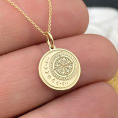 Dainty 14k Solid Gold Moon Compass Pendant, Personalized Moon Compass Necklace, Compass Moon Charm, Moon Necklace, Compass Gift 14k Solid Gold Choose What Size You Want the Pendant Using The First Option Box Choose If you Want Thinner, Thicker  Or Without Chain Using The Second Option Box Photos Are For The 0.5 inch Diameter Pendant Pendant thickness : 0.5mm  Contact us if you want it thicker Inner diameter of jump ring : 4mm Contact us if you need it bigger              No1 chain width : 0.76mm Luxury Elegant Medallion Necklace For Gift, Cheap Medallion Necklace For Gift, Luxury Elegant Necklace With Moon Phase, Yellow Gold Moon Phase Charm Necklaces, Round Yellow Gold Charm Necklaces With Moon Phase, Yellow Gold Moon Phase Round Charm Necklaces, Yellow Gold Moon Phase Charm Necklace, Round Yellow Gold Charm Necklace With Moon Phase, Celestial Compass Design Round Necklaces