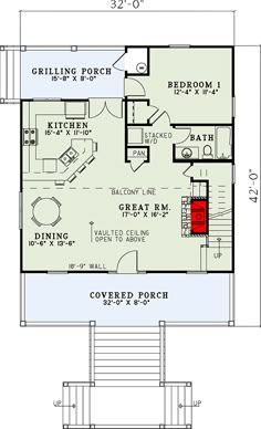 the floor plan for a small cabin home with loft and living area, including stairs