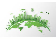 the earth with green buildings and birds flying around it, on a white background - stock photo