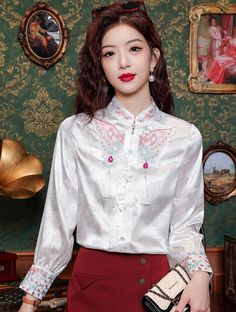 Color: White, Size: S Satin Shirt Outfit, Jacquard Shirt, Chest Tattoos For Women, Butterfly Embroidery, Satin Shirt, Satin Color, Casual Blouse, Long Sleeve Casual, Shirt Outfit