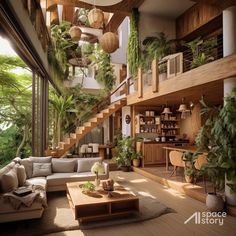 a living room filled with furniture and lots of greenery on the wall next to stairs