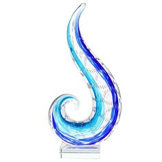 a blue and white swirl glass sculpture on a clear base with an acrylic finish