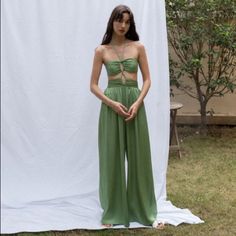 Heavy Satin Jumpsuit Style: Urban Casual Occasion: Casual Fabric: Polyester:100% Color: Green Brand New Elegant Green Jumpsuits And Rompers For Beach, Elegant Green Beach Jumpsuits And Rompers, Green Summer Evening Jumpsuits And Rompers, Elegant Solid Strapless Jumpsuit For Beach, Elegant Strapless Jumpsuit For Beach, Green Strapless Jumpsuit For Summer Vacation, Chic Green Strapless Jumpsuit For Summer, Two-piece Jumpsuits And Rompers For Beach In Summer, Two-piece Jumpsuits And Rompers For Summer Beach