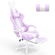 a purple and white office chair next to a roll of toilet paper