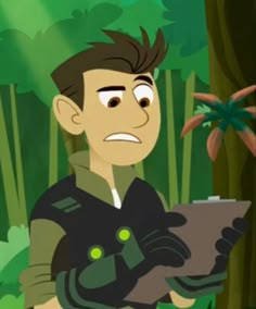 a cartoon character holding a tablet in front of some plants and trees with an angry look on his face