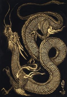 a golden dragon on a black background, with the tail curled up and eyes closed