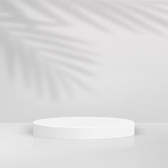 an empty white plate on a table with a palm leaf in the background