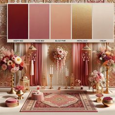 an image of a wedding color scheme with pinks and golds in the background